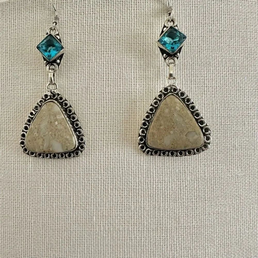 Tan and blue rhinestone silver tone  triangle drop earrings